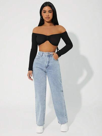 SHEIN PETITE بنطلون جينز بقصة مستقيمة وسحّاب عادي للإرتداء العادي