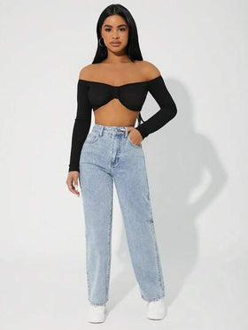 SHEIN PETITE بنطلون جينز بقصة مستقيمة وسحّاب عادي للإرتداء العادي