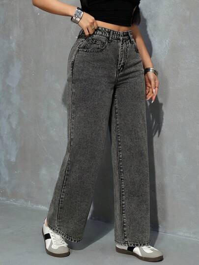SHEIN PETITE جينز بساق واسعة للنساء، قابل للارتداء اليومي والاستخدام المتعدد، مع جيوب وأزرار