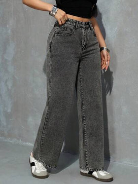 SHEIN PETITE جينز بساق واسعة للنساء، قابل للارتداء اليومي والاستخدام المتعدد، مع جيوب وأزرار