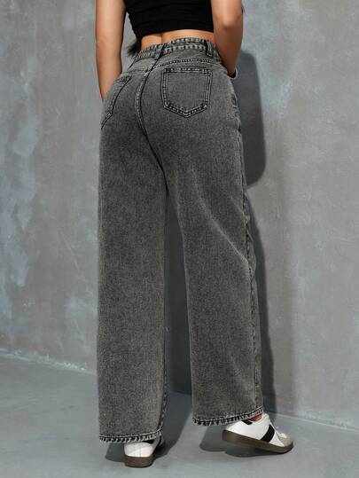 SHEIN PETITE جينز بساق واسعة للنساء، قابل للارتداء اليومي والاستخدام المتعدد، مع جيوب وأزرار