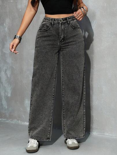 SHEIN PETITE جينز بساق واسعة للنساء، قابل للارتداء اليومي والاستخدام المتعدد، مع جيوب وأزرار