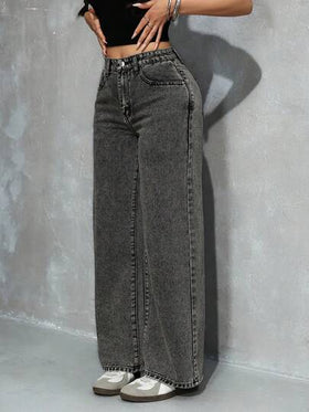 SHEIN PETITE جينز بساق واسعة للنساء، قابل للارتداء اليومي والاستخدام المتعدد، مع جيوب وأزرار
