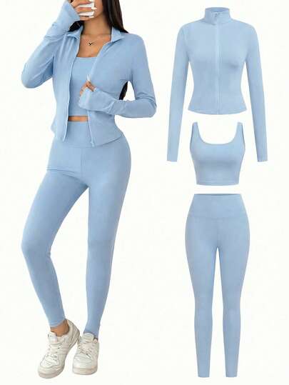 SHEIN EZwear 3 قطع بدلة رياضية للنساء تتكون من: جاكيت أزرق سادة مزود بسحاب، جاكيت، وبنطلون ضيق خصر عالي