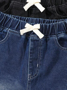 شورت جينز مرن الخصر مع جيوب للأولاد المراهقين، طقم من قطعتين، ملابس كاجوال يومية للشارع الحضري