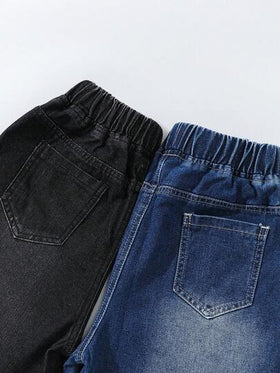 شورت جينز مرن الخصر مع جيوب للأولاد المراهقين، طقم من قطعتين، ملابس كاجوال يومية للشارع الحضري