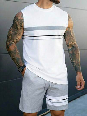 Manfinity Homme طقم ملابس علوية كاجوال بياقة دائرية مطبوعة بخطوط وشورت جيب مائل بطراز الهيب هوب الشارع للرجال