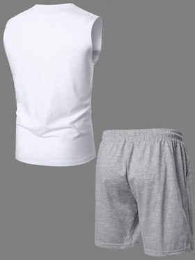 Manfinity Homme طقم ملابس علوية كاجوال بياقة دائرية مطبوعة بخطوط وشورت جيب مائل بطراز الهيب هوب الشارع للرجال