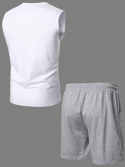 Manfinity Homme طقم ملابس علوية كاجوال بياقة دائرية مطبوعة بخطوط وشورت جيب مائل بطراز الهيب هوب الشارع للرجال