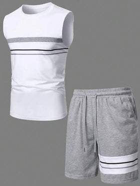 Manfinity Homme طقم ملابس علوية كاجوال بياقة دائرية مطبوعة بخطوط وشورت جيب مائل بطراز الهيب هوب الشارع للرجال