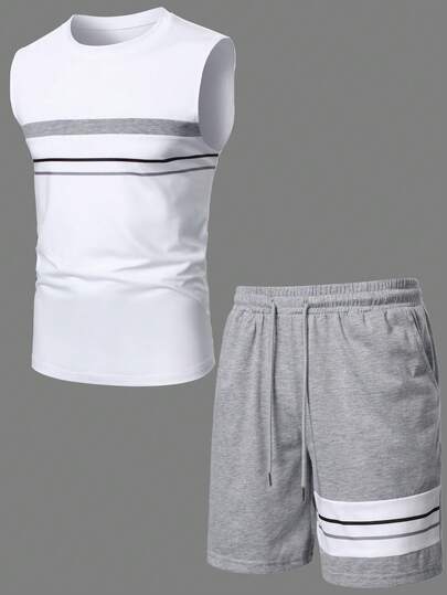 Manfinity Homme طقم ملابس علوية كاجوال بياقة دائرية مطبوعة بخطوط وشورت جيب مائل بطراز الهيب هوب الشارع للرجال
