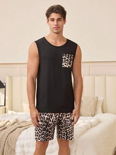 SHEIN بيجامة رجالية بياقة طاقم بدون أكمام بطبعة جلد النمر