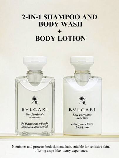 Bvlgari مجموعة مكونة من 40 مل غسول جسم + 40 مل كريم ترطيب جسم بعطر الشاي الأبيض. مجموعة عناية بالشعر محمولة. عطر طويل الأمد.