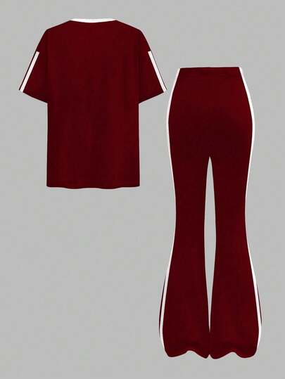 SHEIN Leap Crew مجموعة رياضية عتيقة، زخرفة فيونكة صغيرة، بلوزة قصيرة الأكمام بياقة طاقم فضفاضة مخططة باللون الأحمر والأبيض الكريمي، وبنطلون واسع ذو قصة مرتفعة قطعتان مناسبة للصيف، ملابس كاجوال بسيطة للفتيات المراهقات