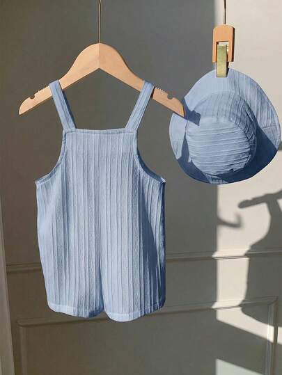 SHEIN طقم رومبير أبيض كاجوال متعدد الاستخدامات للأطفال حديثي الولادة الجنسين، مع سروال بيب وقبعة شمس، مناسب للارتداء في الربيع والصيف في المنزل أو في الخارج