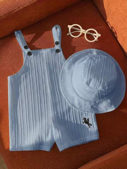 SHEIN طقم رومبير أبيض كاجوال متعدد الاستخدامات للأطفال حديثي الولادة الجنسين، مع سروال بيب وقبعة شمس، مناسب للارتداء في الربيع والصيف في المنزل أو في الخارج