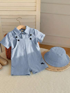 SHEIN طقم رومبير أبيض كاجوال متعدد الاستخدامات للأطفال حديثي الولادة الجنسين، مع سروال بيب وقبعة شمس، مناسب للارتداء في الربيع والصيف في المنزل أو في الخارج