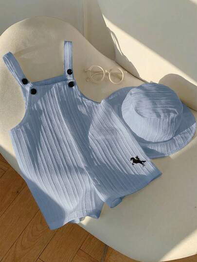 SHEIN طقم رومبير أبيض كاجوال متعدد الاستخدامات للأطفال حديثي الولادة الجنسين، مع سروال بيب وقبعة شمس، مناسب للارتداء في الربيع والصيف في المنزل أو في الخارج