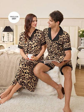 SHEIN بيجامة رجالية بتصميم أنيق، مكونة من شورت وقميص قصير الأكمام، بطبعة جلد النمر وألوان متباينة