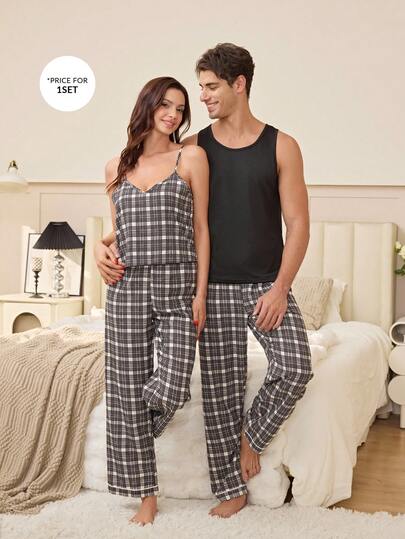 SHEIN طقم بيجامة رجالي كاجوال يتكون من ملابس علوية أكمام بلا أكمام ذو لون أحادي وبنطال بنمط مربعات