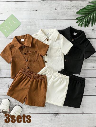 SHEIN Vintaside Kids 6 قطع/مجموعة قميص وشورت قطني بسيط مريح للأطفال الرضع الصبيان، مجموعة متعددة الألوان مناسبة للصيف