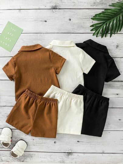 SHEIN Vintaside Kids 6 قطع/مجموعة قميص وشورت قطني بسيط مريح للأطفال الرضع الصبيان، مجموعة متعددة الألوان مناسبة للصيف