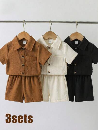 SHEIN Vintaside Kids 6 قطع/مجموعة قميص وشورت قطني بسيط مريح للأطفال الرضع الصبيان، مجموعة متعددة الألوان مناسبة للصيف