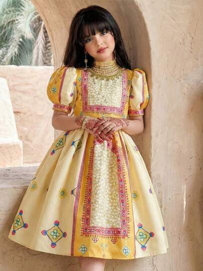 SHEIN رمضان فستان بنات مراهقات مريح وبسيط بياقة مستديرة وأكمام بالون، مناسب لعيد الحب وعيد الميلاد