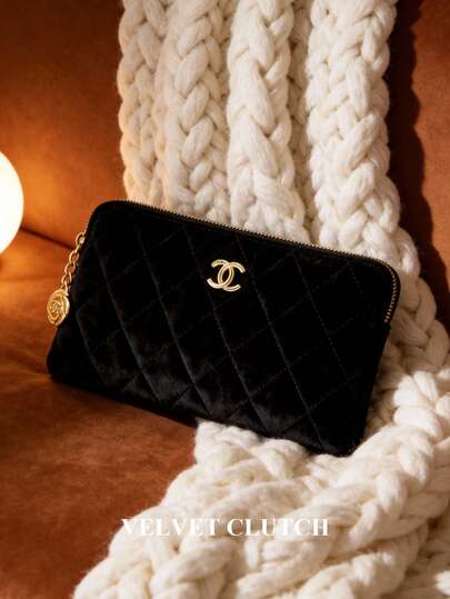 CHANEL حقيبة تخزين مربعة كلاسيكية باللون الأسود مع طباعة دائرية بحلقتين بيضاء، مزودة بسحاب مطابق وملحق معلق دائري، من قماش ناعم، سعة كبيرة لتخزين مستحضرات التجميل ومنتجات التجميل، محمولة وسهلة التنظيم، مناسبة للسفر اليومي والتخزين المنزلي والتنقل في فص...