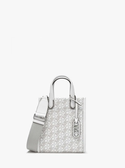 Michael Kors حقيبة كروسبودي صغيرة، تصميم جاكارد أنيق، نمط معقود بشكل معين، رمادي داكن، فاخرة ومتينة، مثالية للاستخدام اليومي. حقيبة يد عصرية مع حزام كتف قابل للتعديل، مصنوعة بعناية، داخل فسيح، مثالية لتخزين الضروريات.