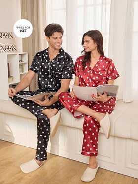 Manfinity بيجامة رجالية قصيرة الأكمام من الحرير الاصطناعي ذات نقاط