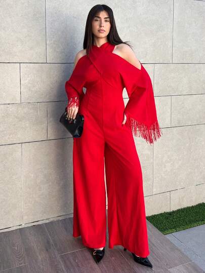 Hitanina جمبسوت نسائية طويلة الأكمام ذات لون أحمر لامع وياقة على شكل صليب مع شراريب، موديل جديد لخريف وشتاء 2025، مناسبة للحفلات والمناسبات اليومية، حفلات البلد، هالوين، عيد الميلاد، السهرات، حفلات الزفاف، حفلات الغداء