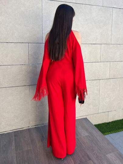 Hitanina جمبسوت نسائية طويلة الأكمام ذات لون أحمر لامع وياقة على شكل صليب مع شراريب، موديل جديد لخريف وشتاء 2025، مناسبة للحفلات والمناسبات اليومية، حفلات البلد، هالوين، عيد الميلاد، السهرات، حفلات الزفاف، حفلات الغداء