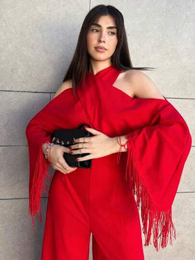 Hitanina جمبسوت نسائية طويلة الأكمام ذات لون أحمر لامع وياقة على شكل صليب مع شراريب، موديل جديد لخريف وشتاء 2025، مناسبة للحفلات والمناسبات اليومية، حفلات البلد، هالوين، عيد الميلاد، السهرات، حفلات الزفاف، حفلات الغداء