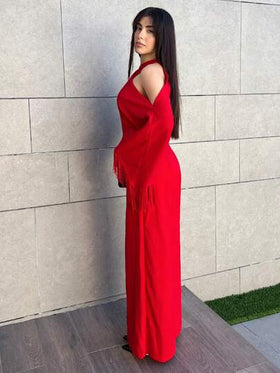 Hitanina جمبسوت نسائية طويلة الأكمام ذات لون أحمر لامع وياقة على شكل صليب مع شراريب، موديل جديد لخريف وشتاء 2025، مناسبة للحفلات والمناسبات اليومية، حفلات البلد، هالوين، عيد الميلاد، السهرات، حفلات الزفاف، حفلات الغداء