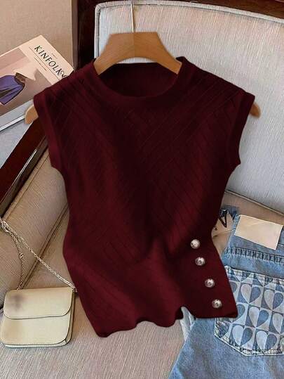 GlowEve ملابس علوية محبوكة بلون أحادي وياقة مستديرة وزر للزينة، متعددة الاستخدامات وكاجوال