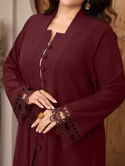 Al Najma عباية نسائية كبيرة الحجم بياقة مربعة مزينة بالدانتيل، أنيقة بأكمام طويلة
