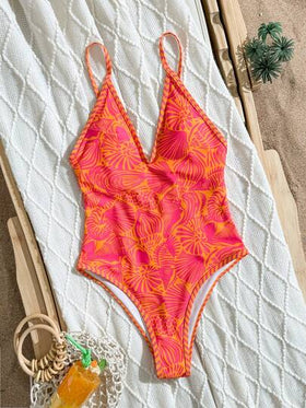 Swim Mod بدلة سباحة قطعة واحدة للنساء، بحمالات رفيعة قابلة للتعديل وطباعة، ظهر مكشوف وقطع عالي، مناسبة للعطلات