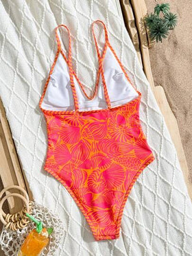 Swim Mod بدلة سباحة قطعة واحدة للنساء، بحمالات رفيعة قابلة للتعديل وطباعة، ظهر مكشوف وقطع عالي، مناسبة للعطلات