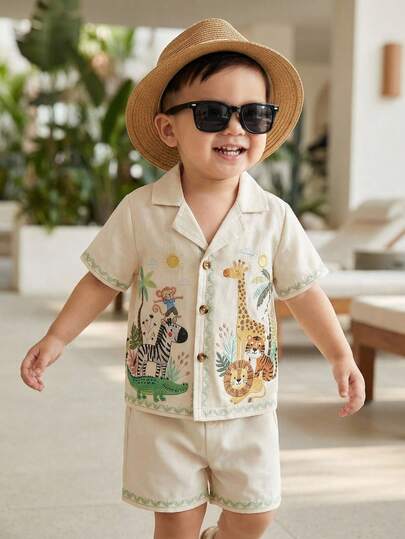 Souflis Souflis طقم قصير الأكمام للأولاد الرضع مطبوع بطبعات حيوانات كرتونية عادية، مناسب للخروجات والاسترخاء والحفلات