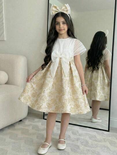 SHEIN فستان أنيق بتصميم الكتل اللونية والفيونكة للفتيات المراهقات