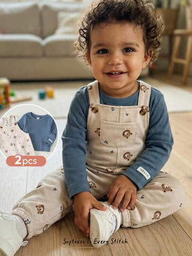 Cozy Pixies مجموعة ملابس علوية طويلة الأكمام ذات رقبة دائرية ناعمة وبنطال مطاطي للأطفال الصبيان، لون أزرق داكن، ملابس كاجوال جميلة للاستخدام اليومي، قطعتان