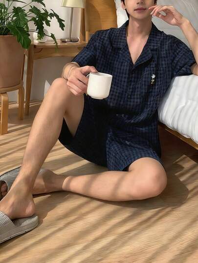 DAZY بدلة بيجامة رجالية مكونة من قميص بأكمام قصيرة وشورت بتصميم جيب للصيف