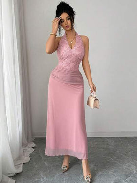 Modelyn فستان نسائي أنيق من الشبك المرقع بالورود الجاكار