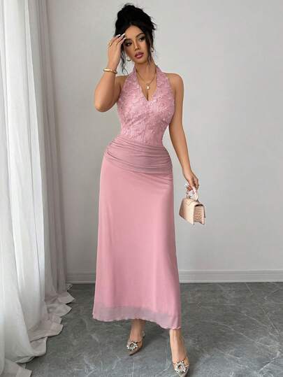 Modelyn فستان نسائي أنيق من الشبك المرقع بالورود الجاكار