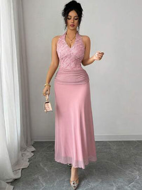 Modelyn فستان نسائي أنيق من الشبك المرقع بالورود الجاكار