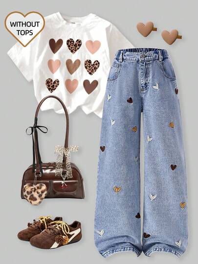 SHEIN ChillGRL بنطلون جينز فضفاض بتطريز قلب للفتيات المراهقات موضة خريف وشتاء 2025، جينز فضفاض وكيوت للمدرسة بطراز Y2K للفتيات في التسعينيات