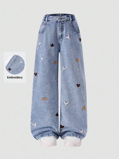 SHEIN ChillGRL بنطلون جينز فضفاض بتطريز قلب للفتيات المراهقات موضة خريف وشتاء 2025، جينز فضفاض وكيوت للمدرسة بطراز Y2K للفتيات في التسعينيات