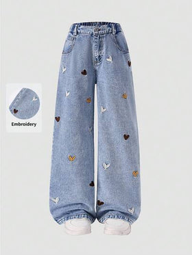 SHEIN ChillGRL بنطلون جينز فضفاض بتطريز قلب للفتيات المراهقات موضة خريف وشتاء 2025، جينز فضفاض وكيوت للمدرسة بطراز Y2K للفتيات في التسعينيات