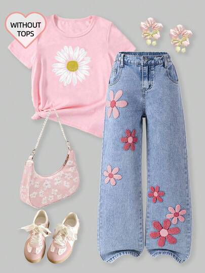 SHEIN ChillGRL بنطلون جينز واسع الساق مطرز مهترئ للفتيات المراهقات، جينز مغسول بطريقة عتيقة، طراز Y2K، كاجوال، جميل، رجعي 2000، بوهيمي، ملابس الشارع، تطريز زهري، قصة فضفاضة